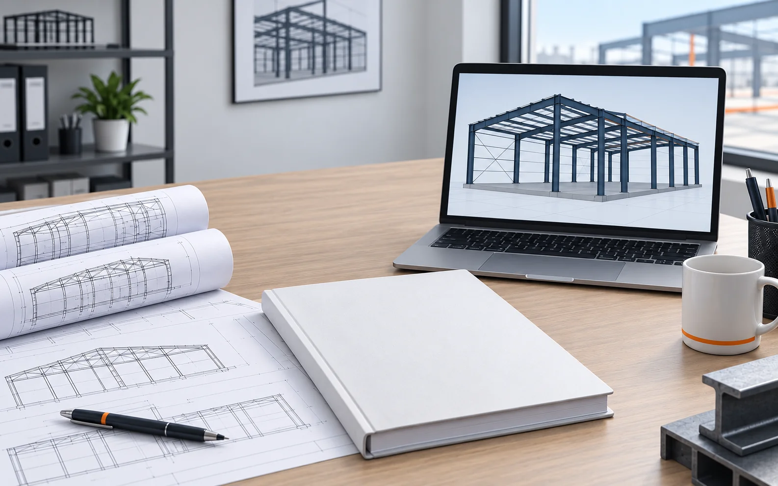 Printed erection drawings and an installation manual beside a laptop showing a 3D steel frame model