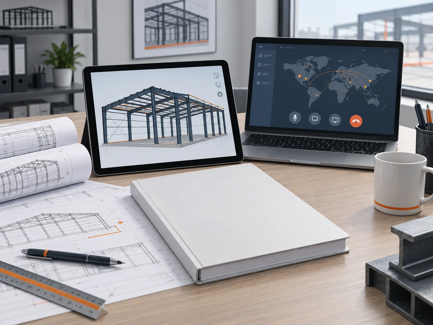 Installation manual, rolled construction drawings, a tablet with a steel frame 3D model and a laptop with a video call open on a desk