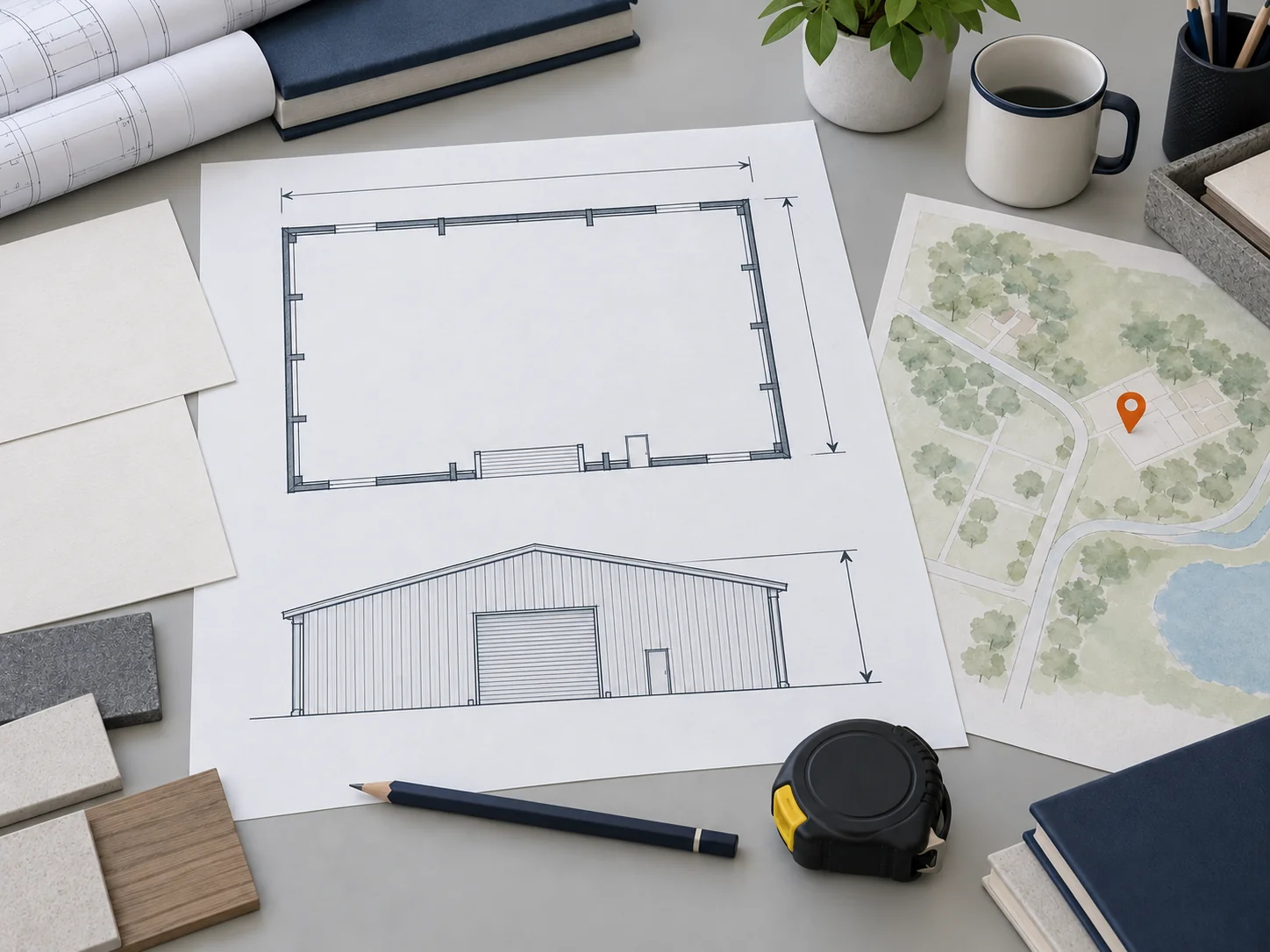 Escritorio con un boceto a mano del plano del edificio, una cinta métrica y un mapa en blanco marcado con un pin de ubicación