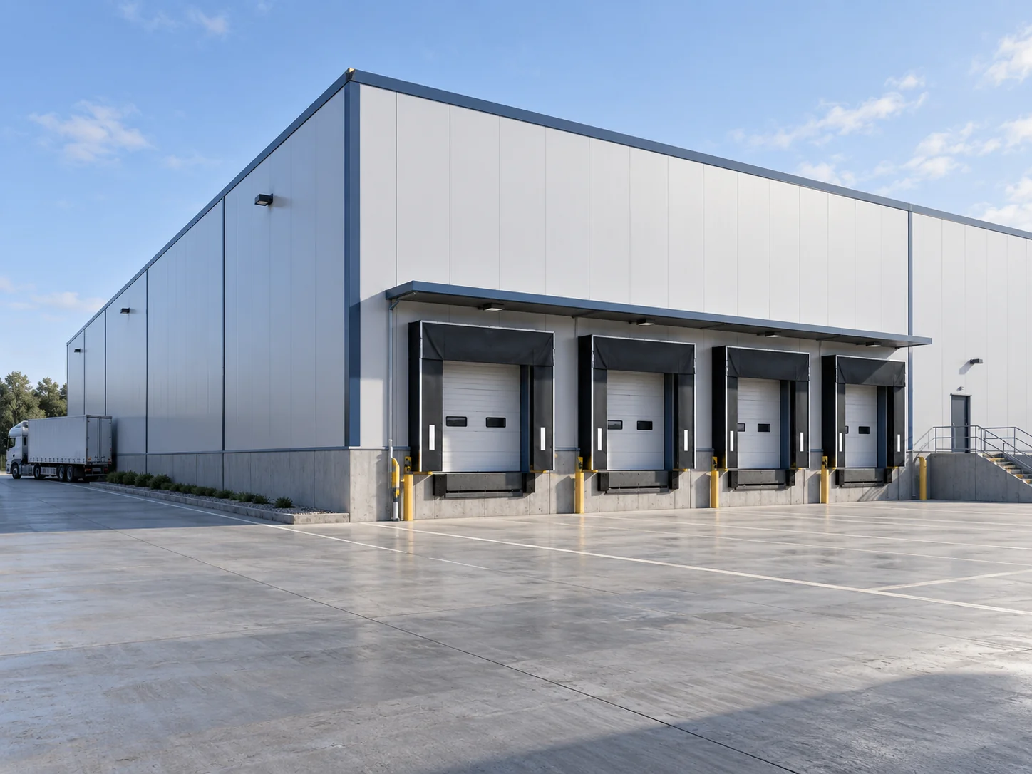 Exterior of a steel cold storage building clad in sandwich panels
