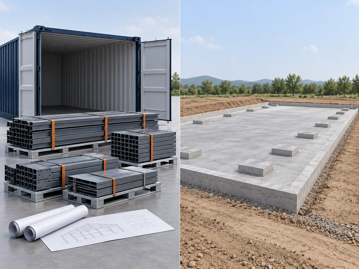 Bundled steel members on pallets beside an open shipping container, next to an empty poured concrete foundation ready for column bases