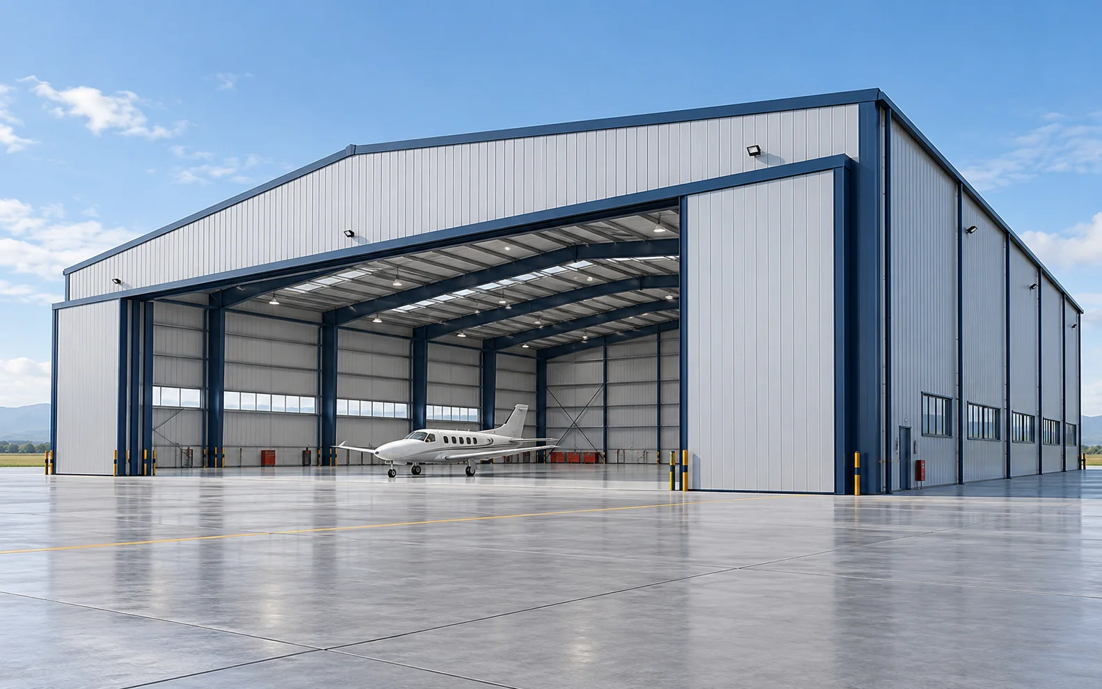Steel aircraft hangar with a wide open bay in front of a clear-span frame