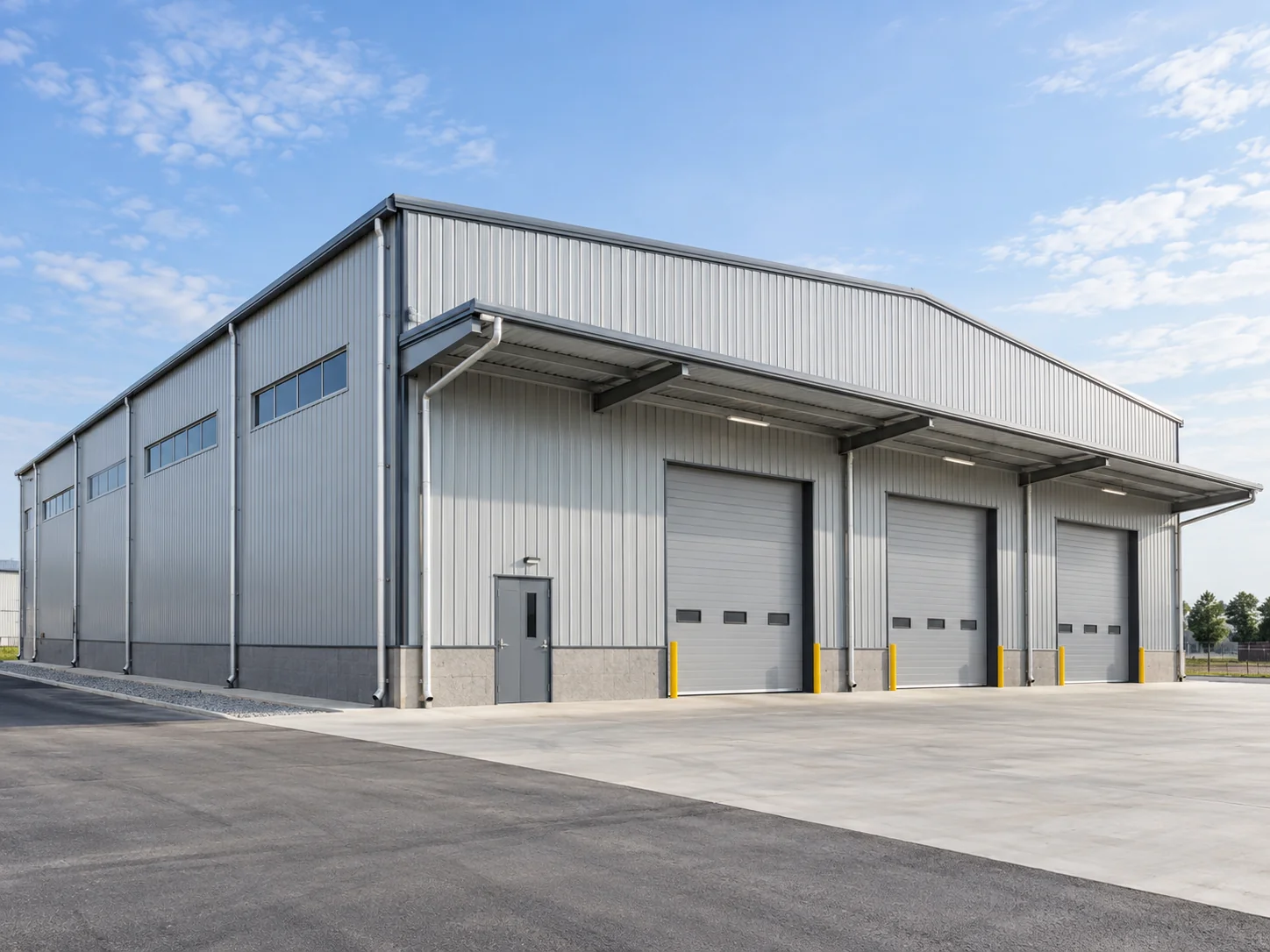 Exterior of a single-span steel warehouse building