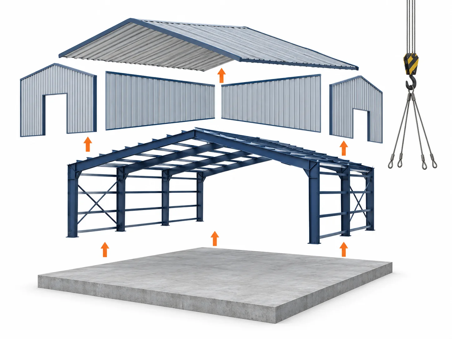 Exploded layered view of a single-span steel frame building showing the steel frame, roof and wall panels, foundation slab and installation as separate layers