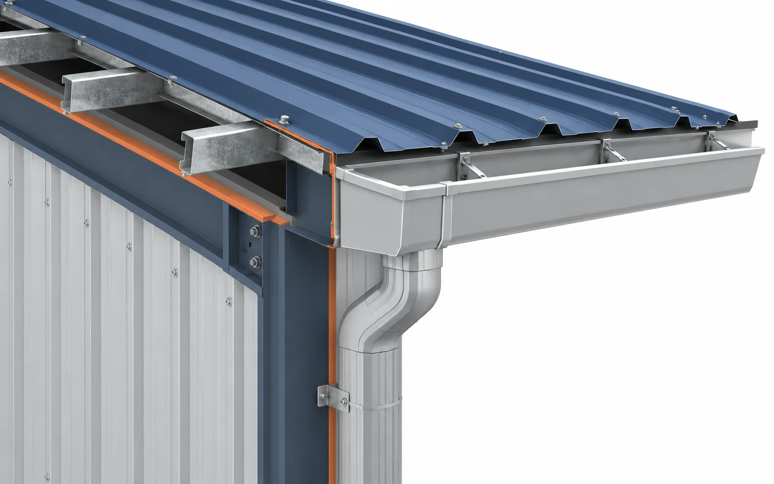 Roof edge of a steel building with profiled sheet, gutter and downspout