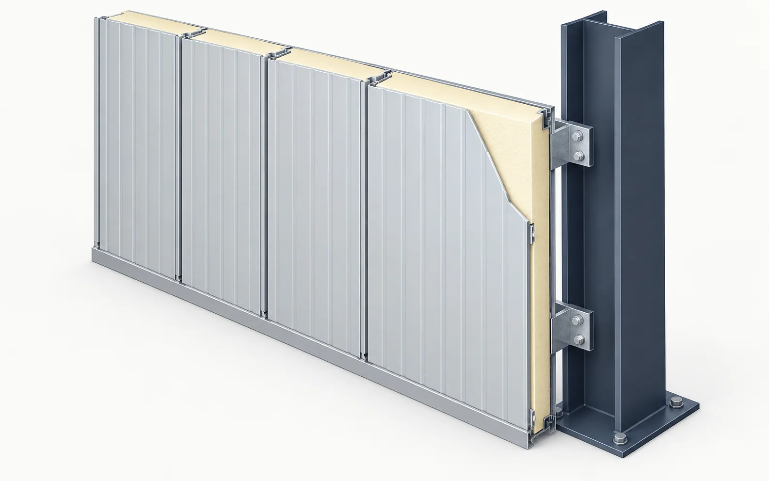 Cut-away of an insulated sandwich panel with two steel skins and a core