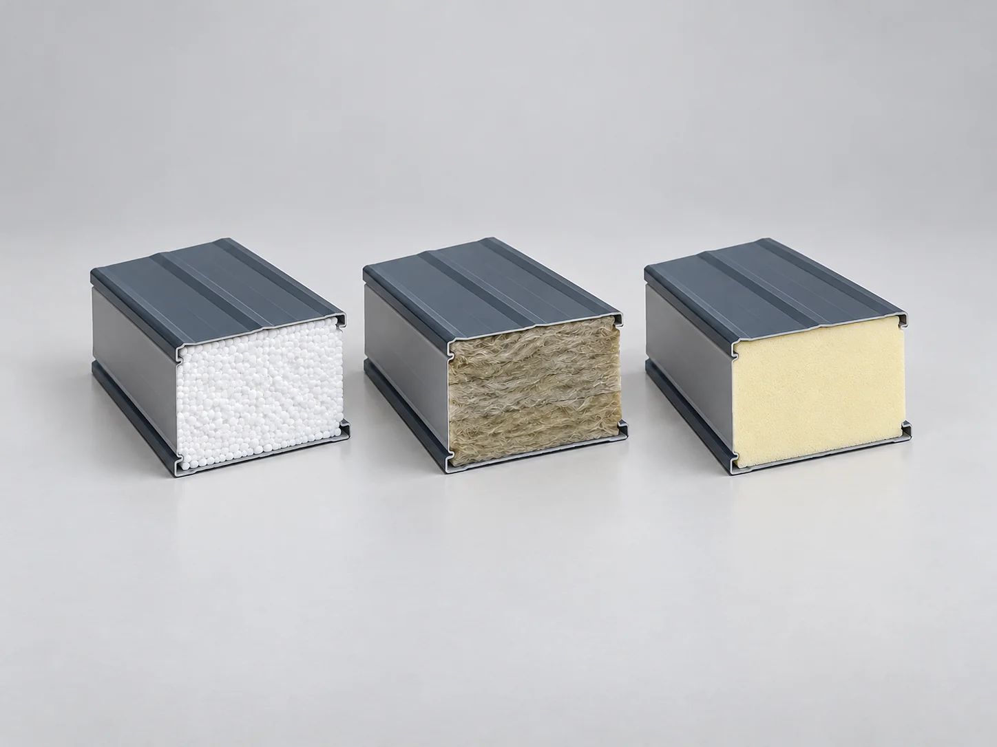 Three sandwich-panel cut-away samples side by side showing EPS, rock wool and PU cores between steel skins