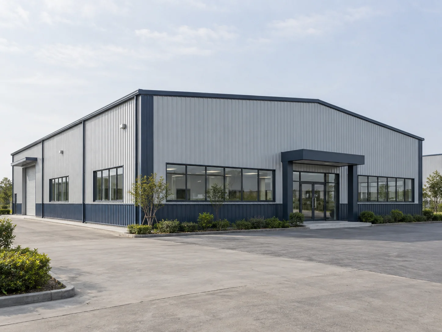 Exterior of a single-storey steel-frame office building with profiled roof and wall cladding
