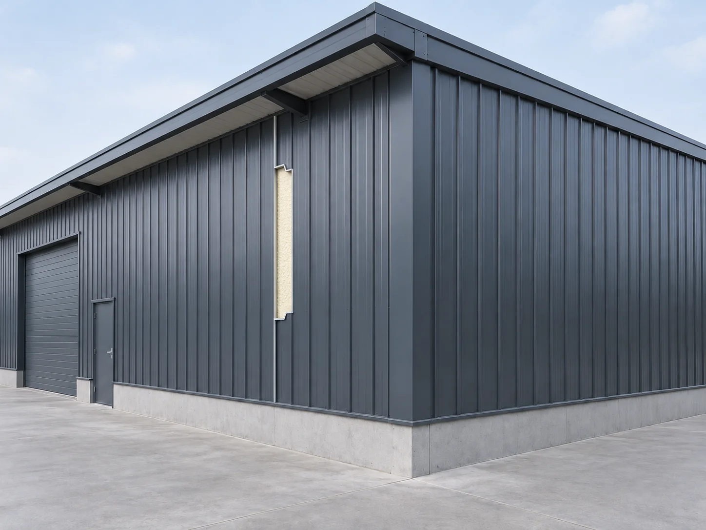 Corner of an industrial steel building with profiled steel wall panels and one panel edge cut back to show a sandwich core