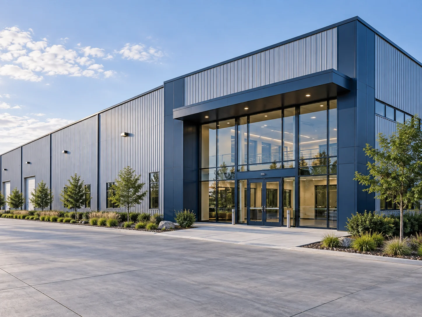 Exterior of a clear-span steel-frame commercial building with profiled roof and wall cladding