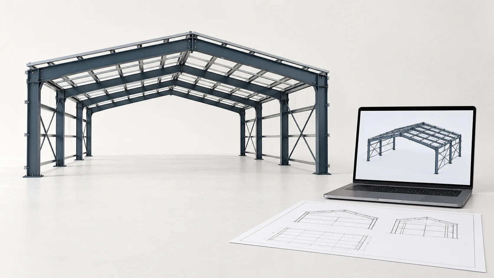 A single-span steel building frame shown next to a 3D structural model of the same frame