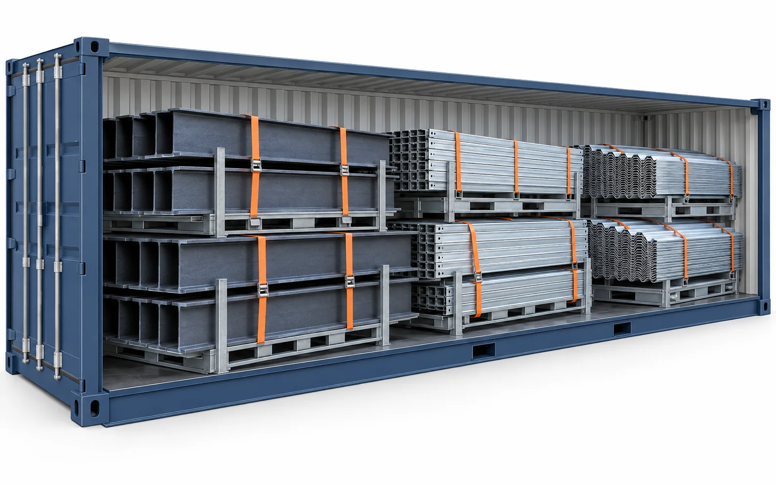 Cutaway of a shipping container loaded with pallet-bundled steel members on steel pallets