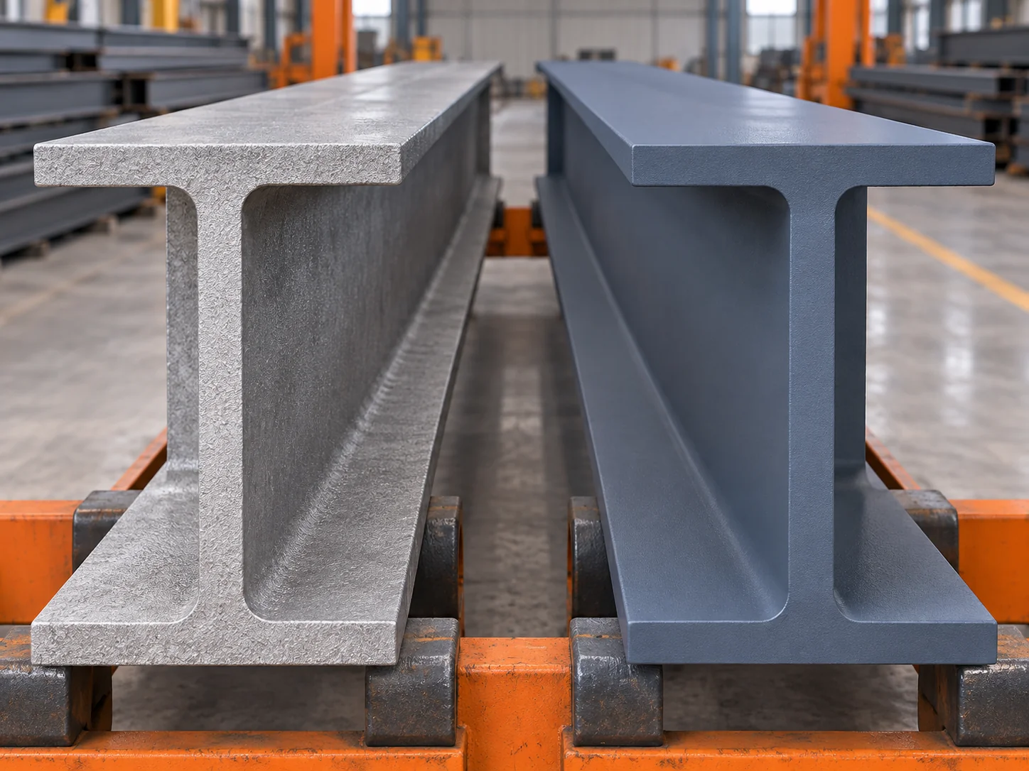 Blasted steel member next to a steel member coated with zinc-rich primer
