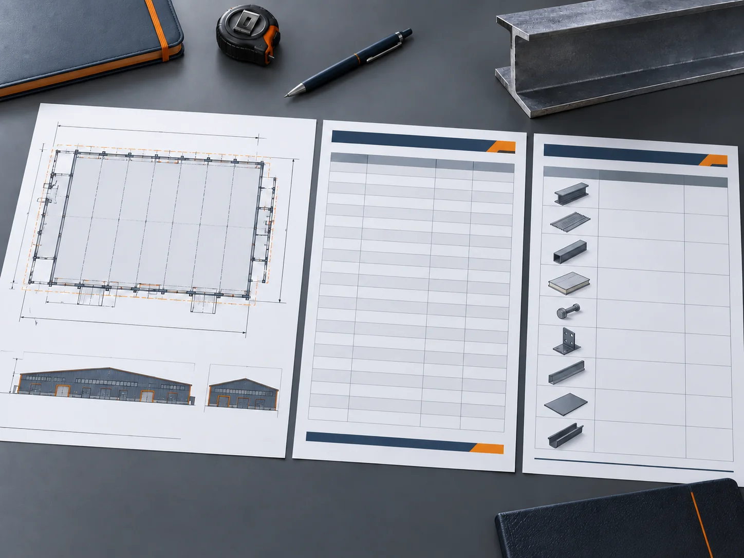 Site plan and building layout sketch with dimension marks on a desk