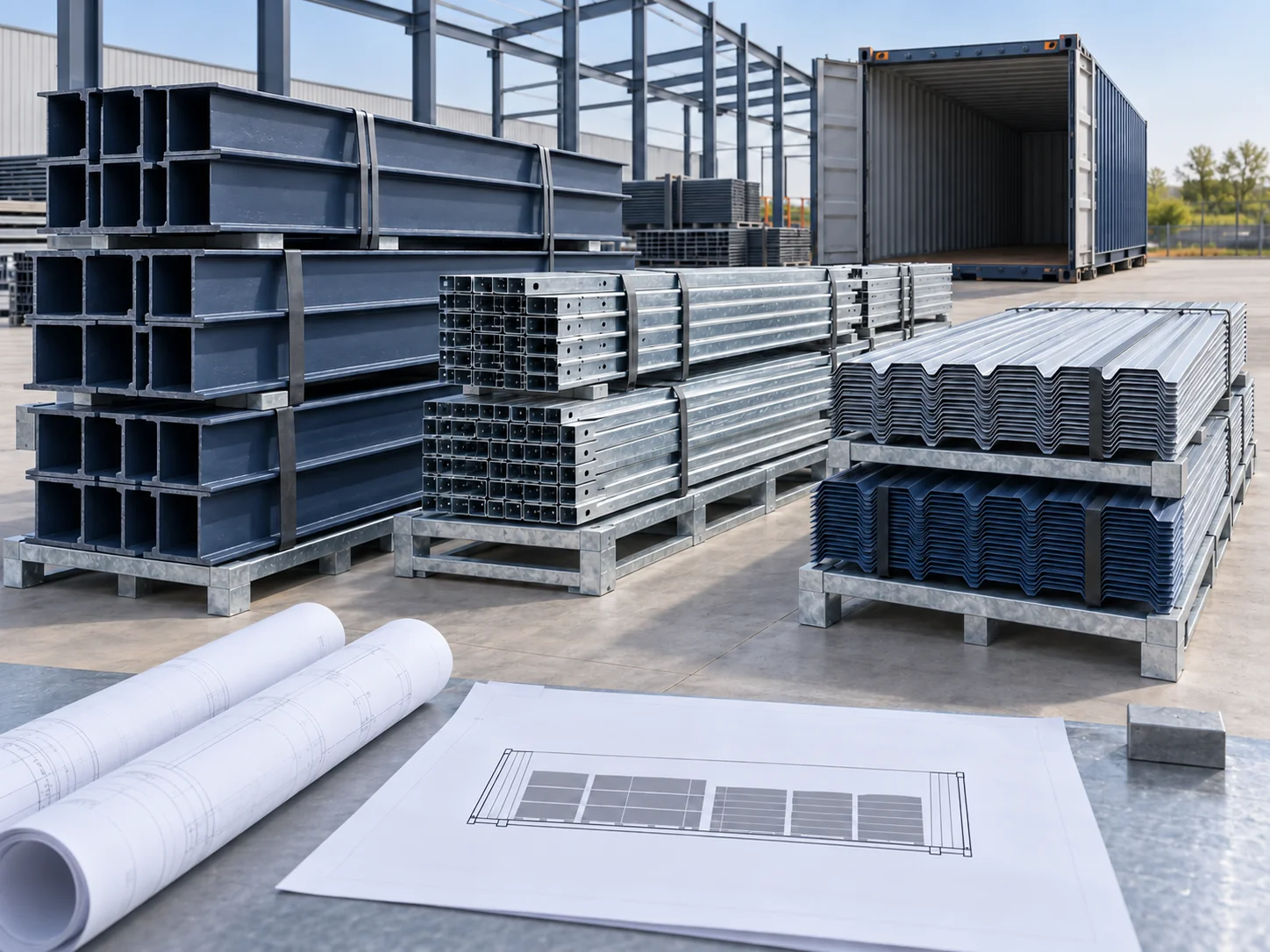 Steel members and panels bundled on steel pallets with a loading plan sheet