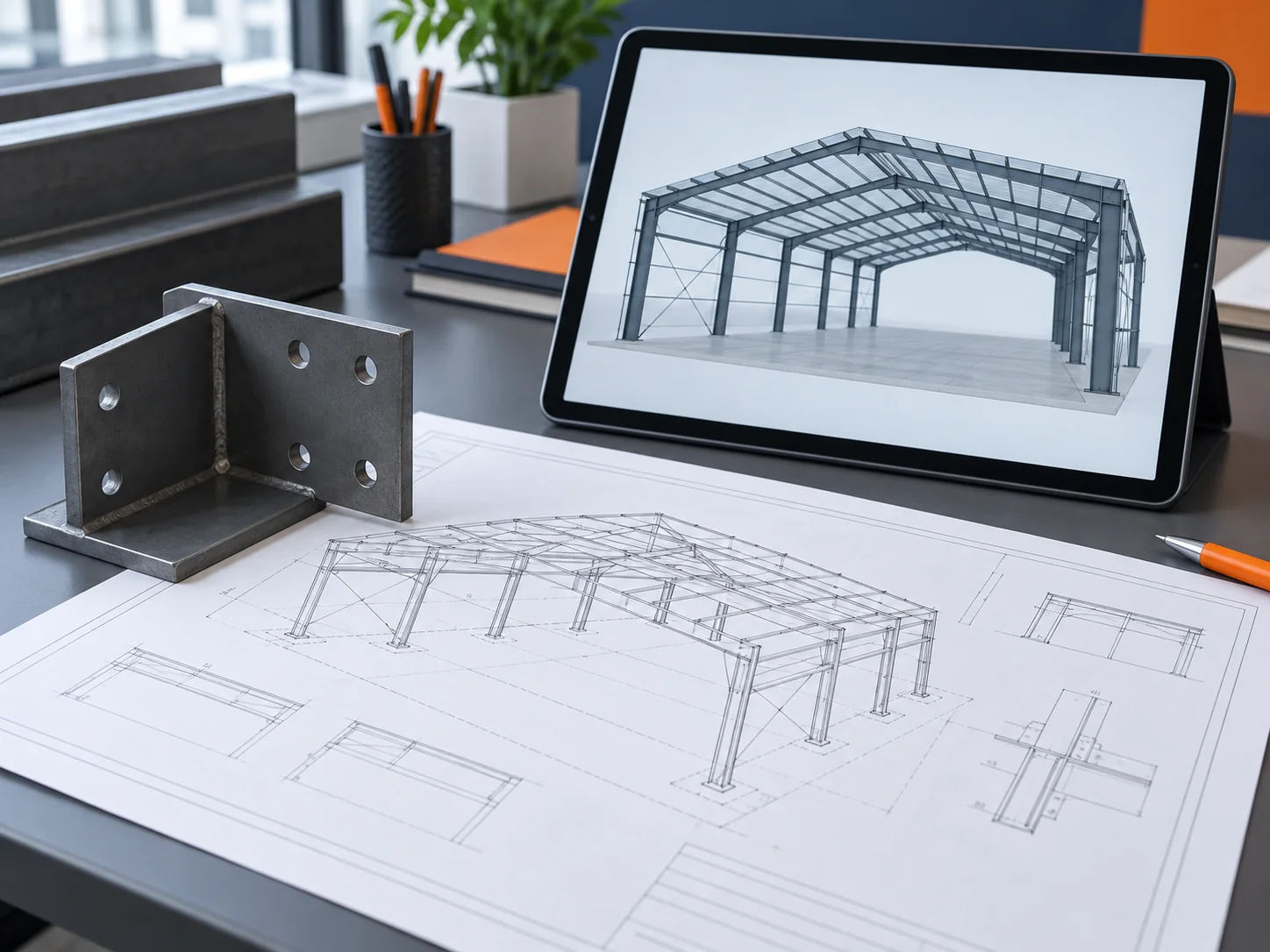 Drawing sheet and a small steel member sample on a desk