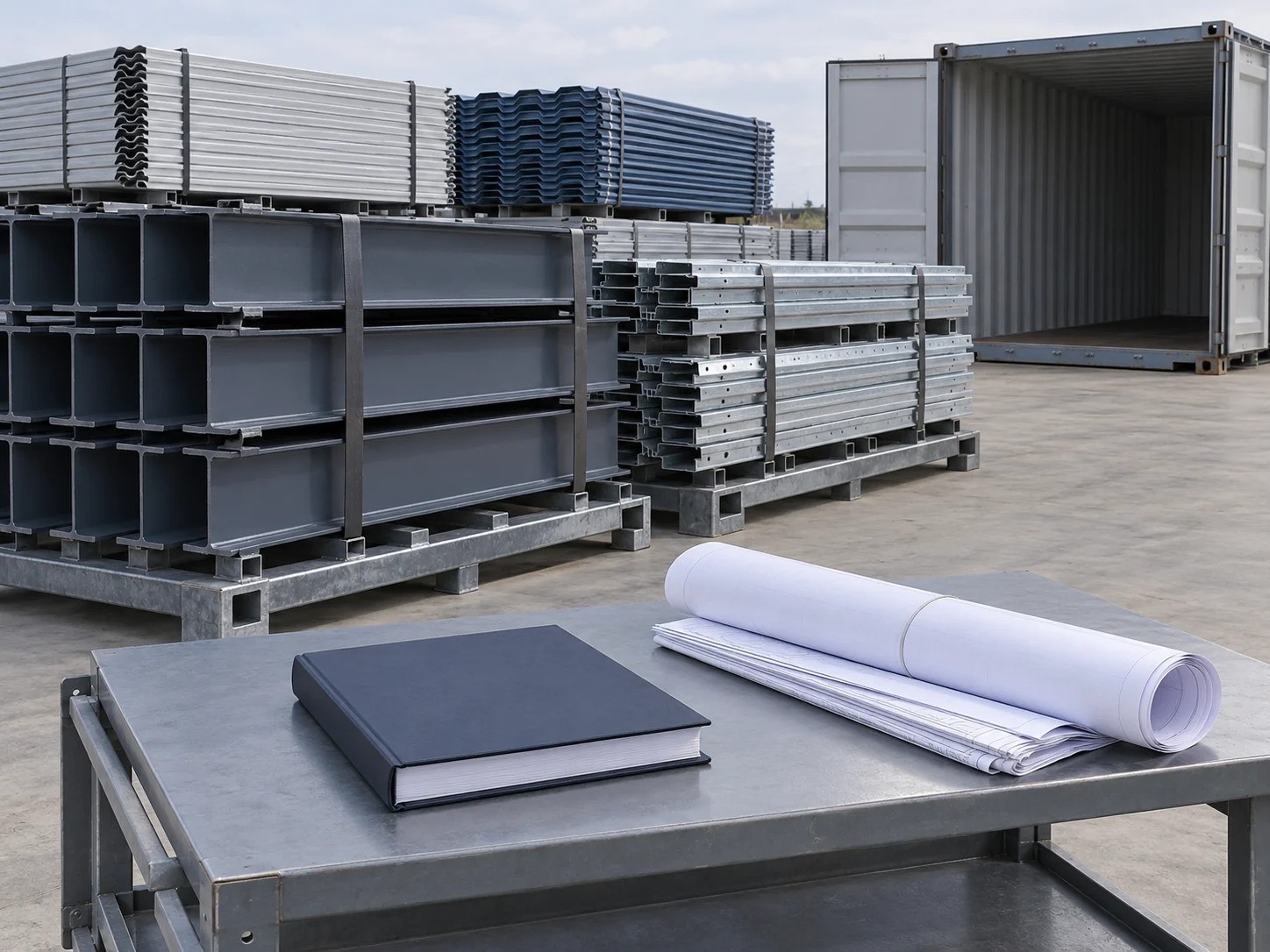 Bound drawing set and installation manual beside packed steel members on steel pallets