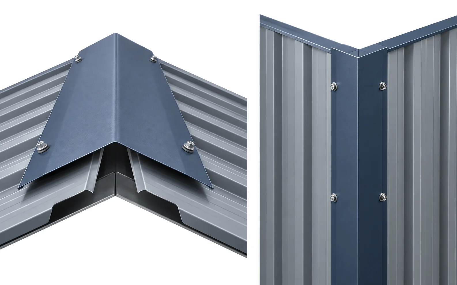 Corner of a clad steel building where the wall and roof sheets meet under a formed steel closure