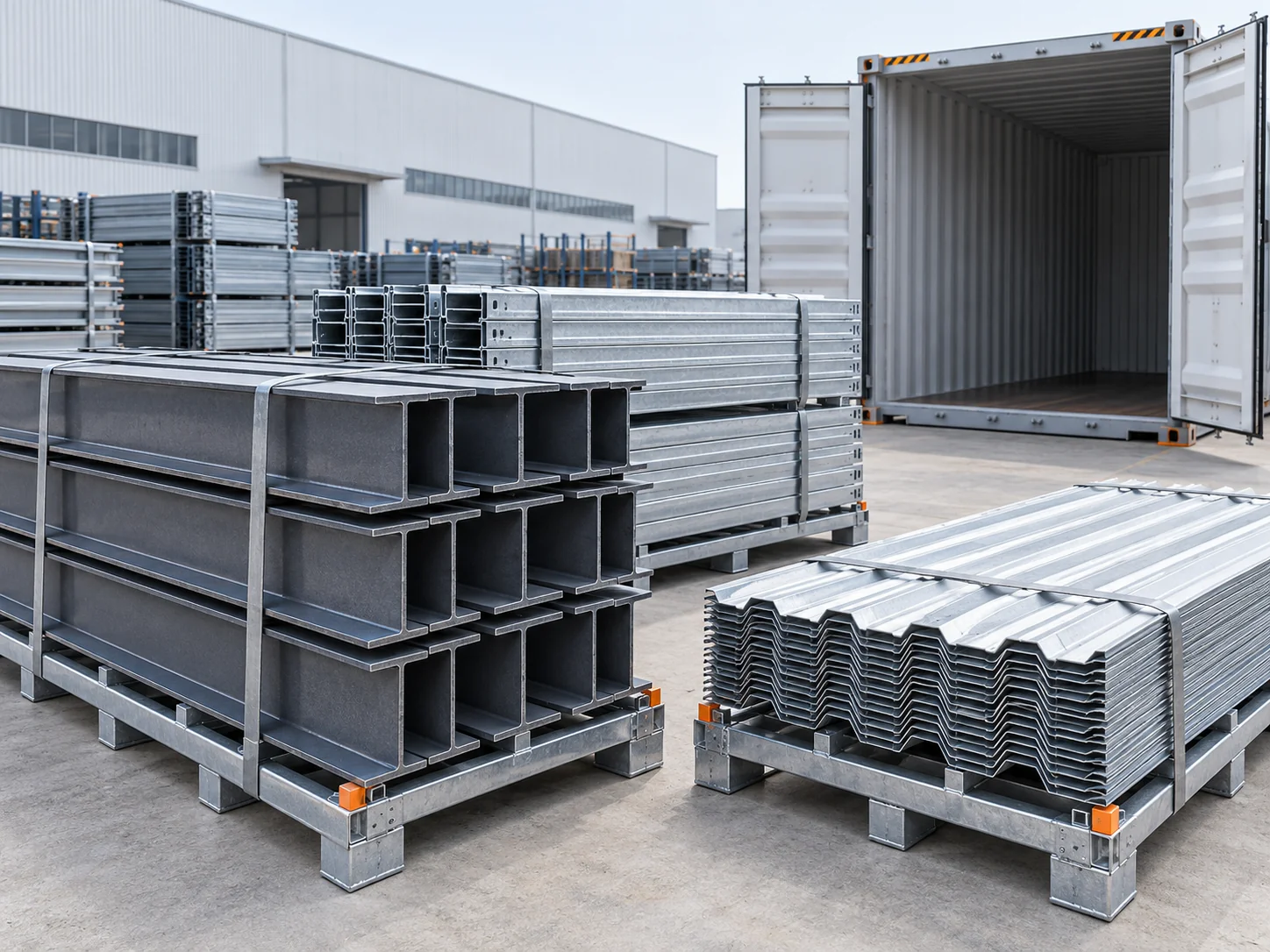 Bundled steel building members on steel pallets beside an open shipping container