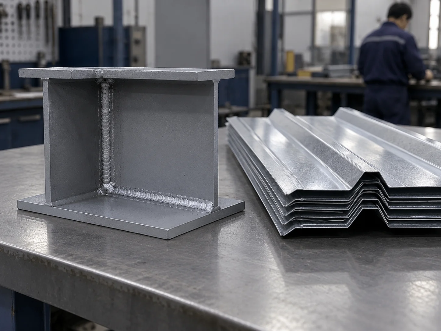 Welded steel joint with primer coating beside a stack of profiled roof sheet