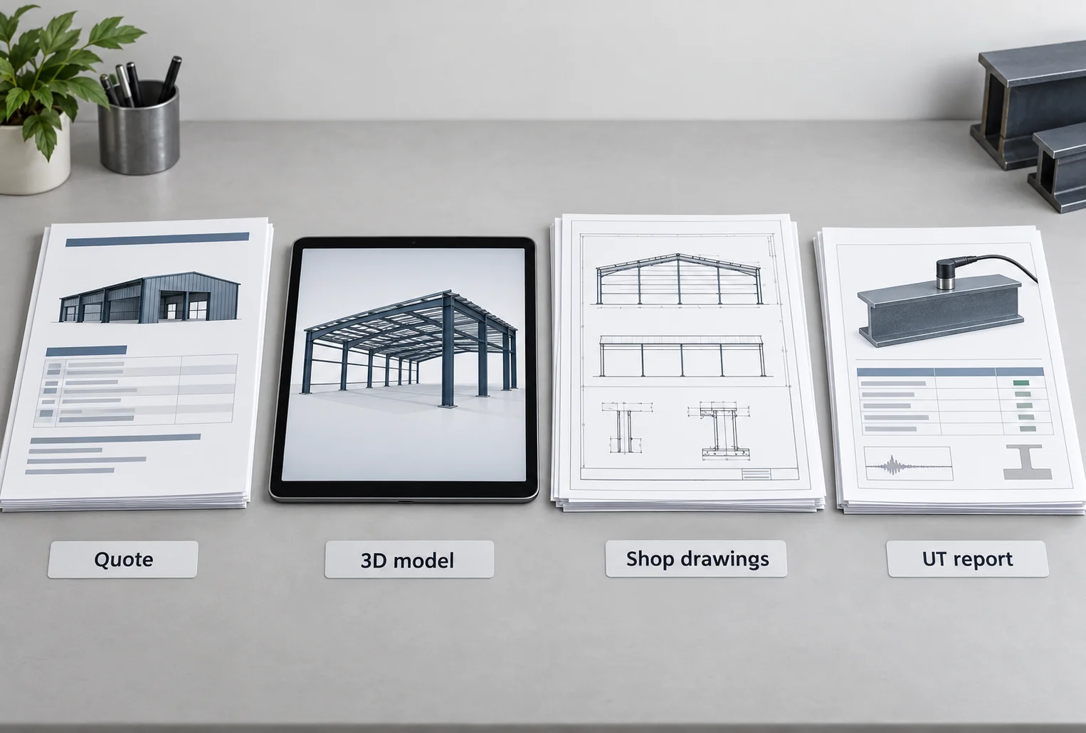 Quote, 3D model view, shop drawings and a test report laid out side by side