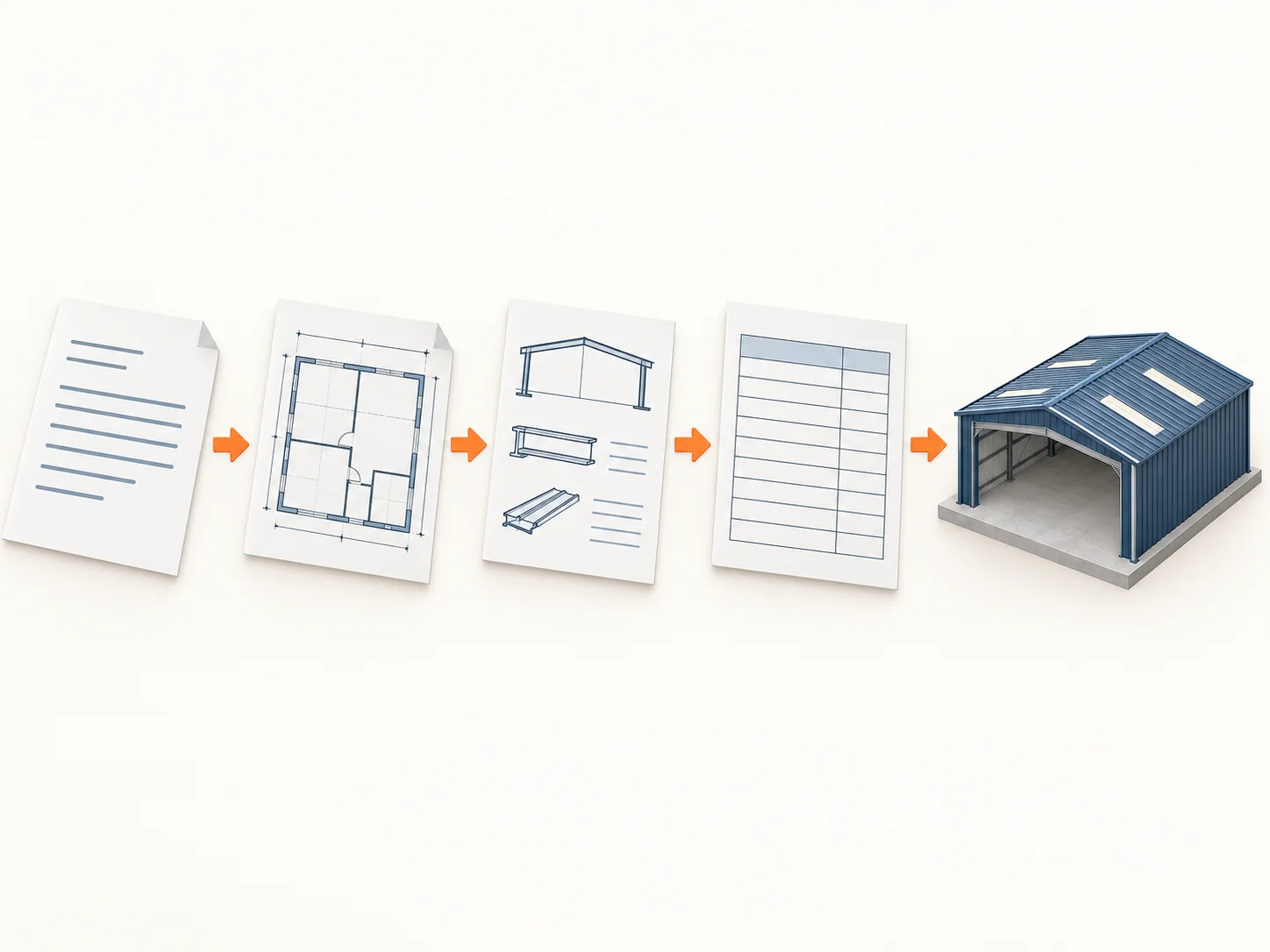 Illustrated sequence from a building details sheet to a layout plan, specification sheet, cost breakdown sheet and a 3D steel building model