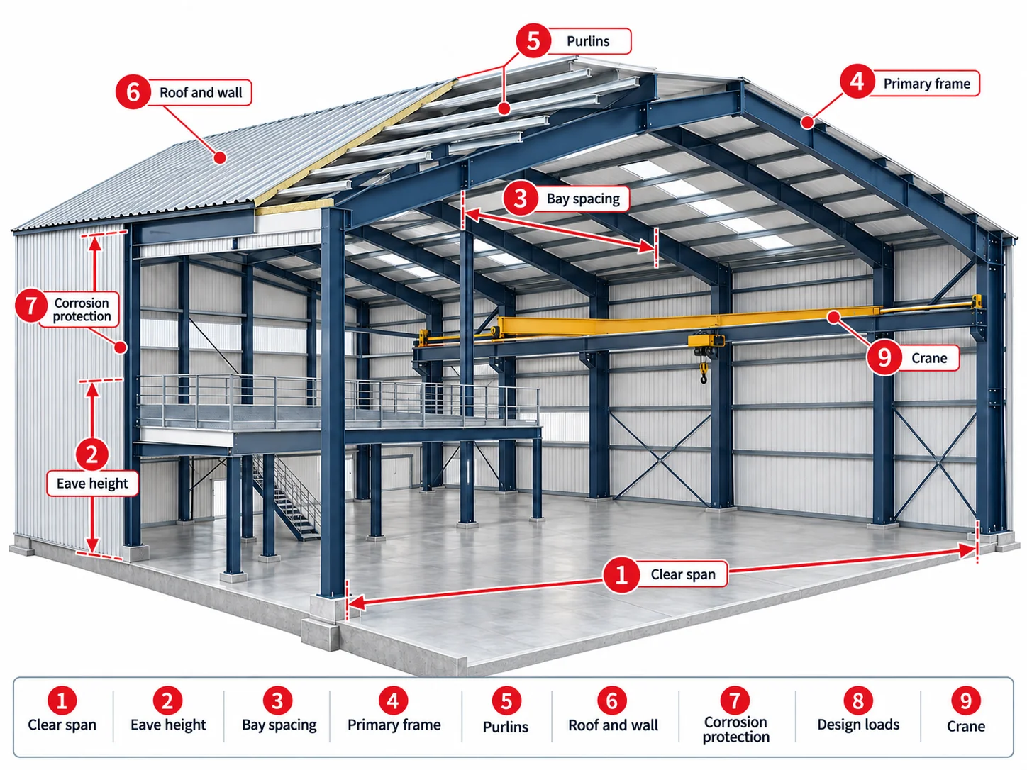 Cut-away view of a steel workshop with a bridge crane along the column line