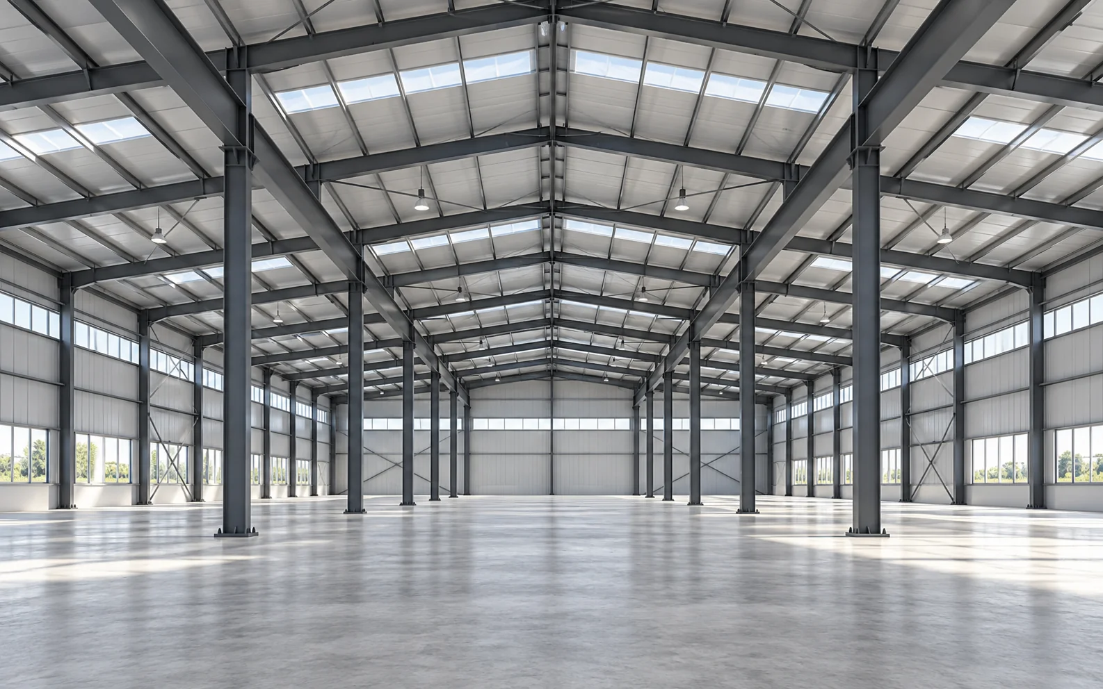 Cross-section of a multi-span steel frame with interior column lines dividing the width