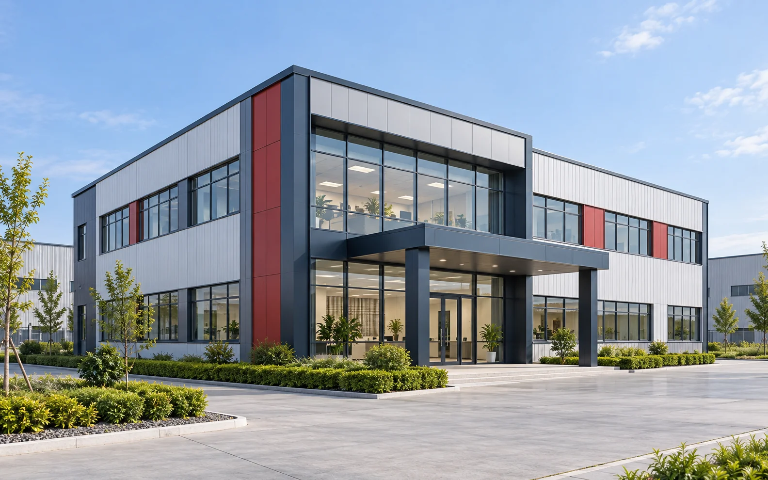 Metal office building with steel frame construction and wall cladding
