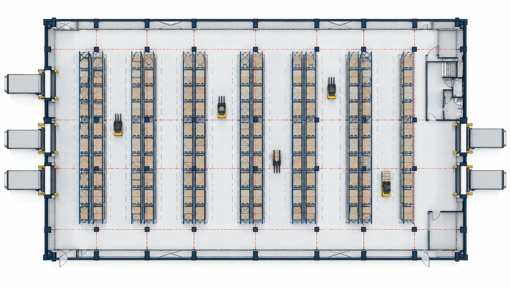 Plan view of a steel warehouse showing the column grid aligned with racking aisles