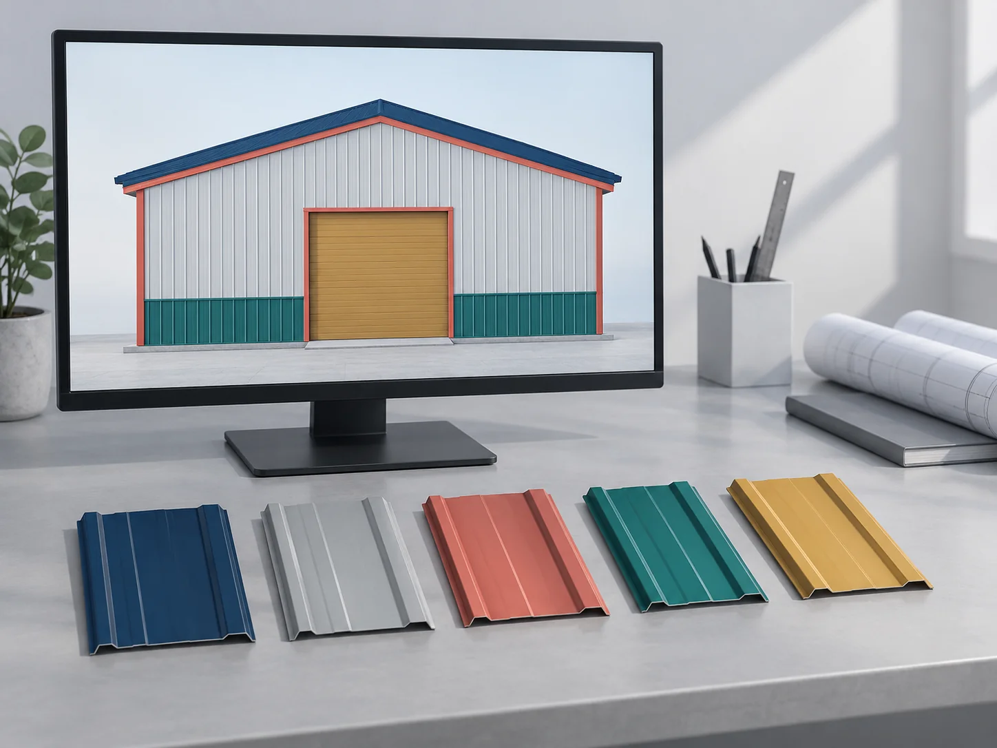Monitor que muestra un alzado de edificio metálico coloreado junto a muestras de acero pintado en tonos ligeramente distintos