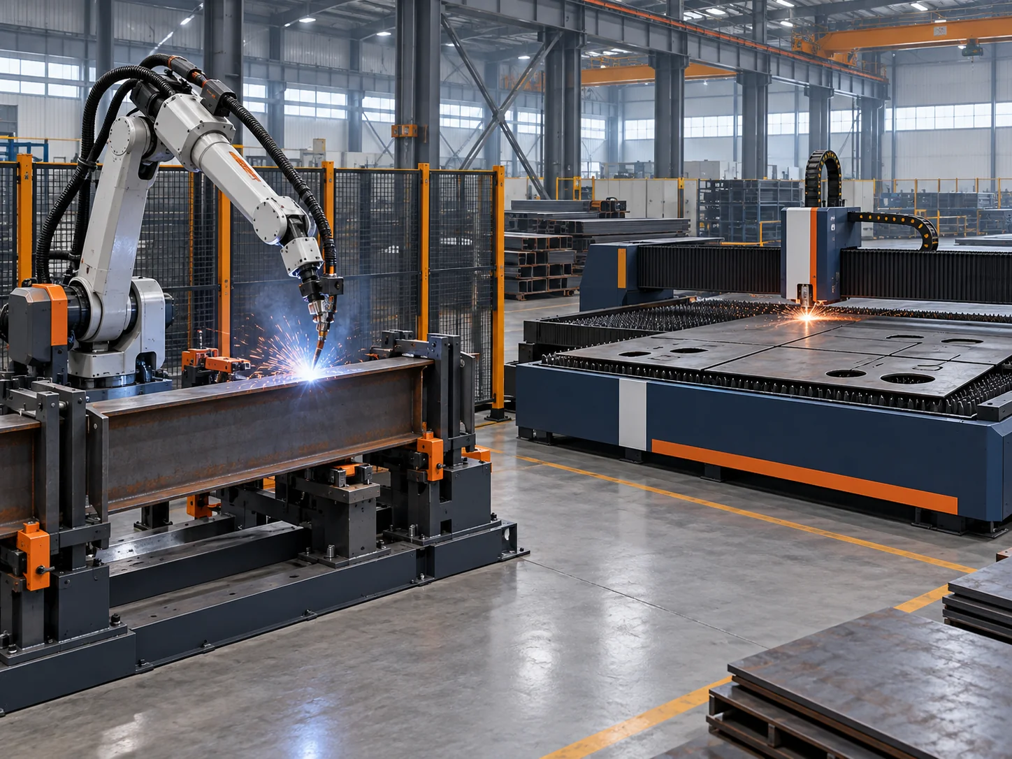 Welding robot and plate cutting area on a steel fabrication production line