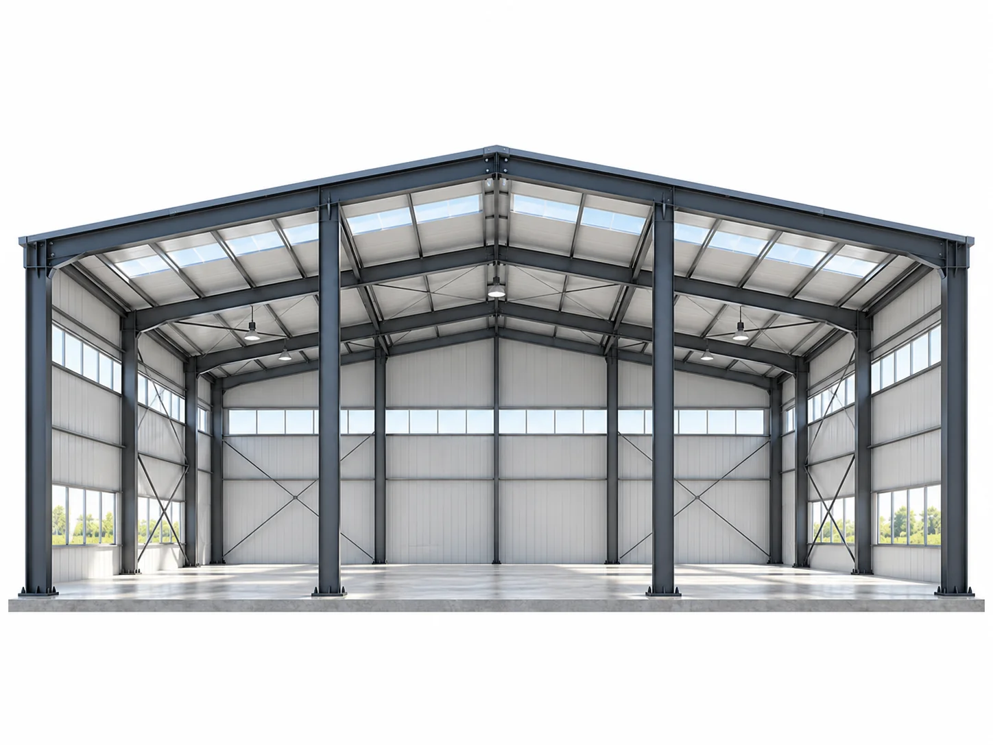 End elevation of a multi-span rigid frame with interior columns dividing the width into bays