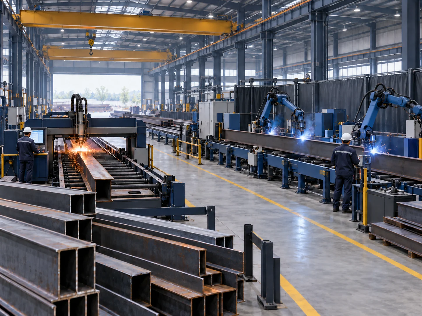 Línea de fabricación de estructuras de acero con vigas de acero que pasan por equipos de soldadura y corte